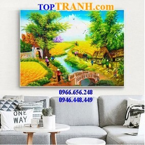 Tranh thêu cánh đồng lúa